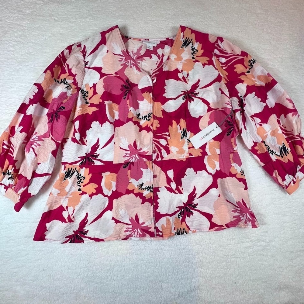 Liz Claiborne XL Floral Blouse Pink White Y2K 3/4 Sleeve Peplum‎ Top NWT